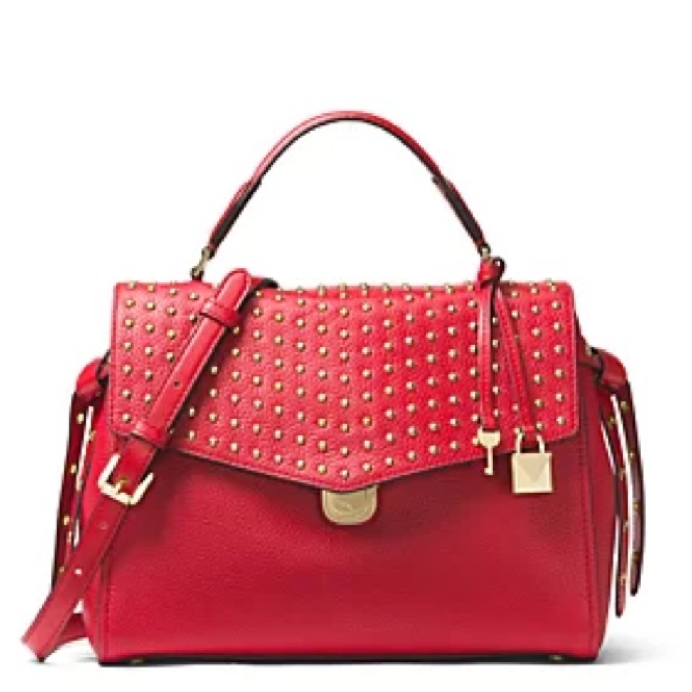Michael Kors MK Bristol Studded Leather Satchel Crossbody Purse Shoulder Bag Red - Picture 3 of 17